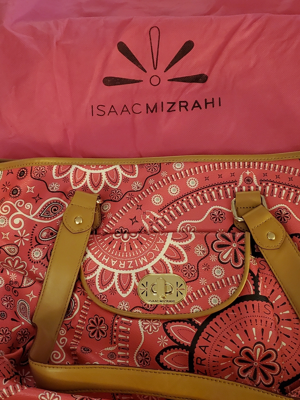 Isaac Mizrahi Pink Paisley Tote with Tan Trim